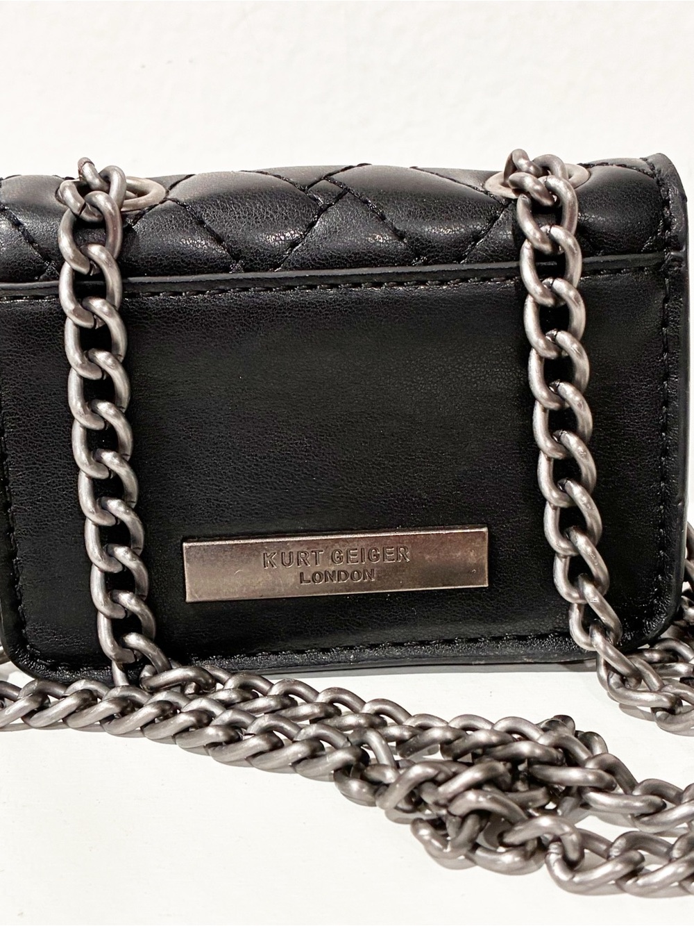Kurt Geiger Black Quilted Leather MICRO KENSINGTON BAG Silver Chain Strap - Picture 3 of 6